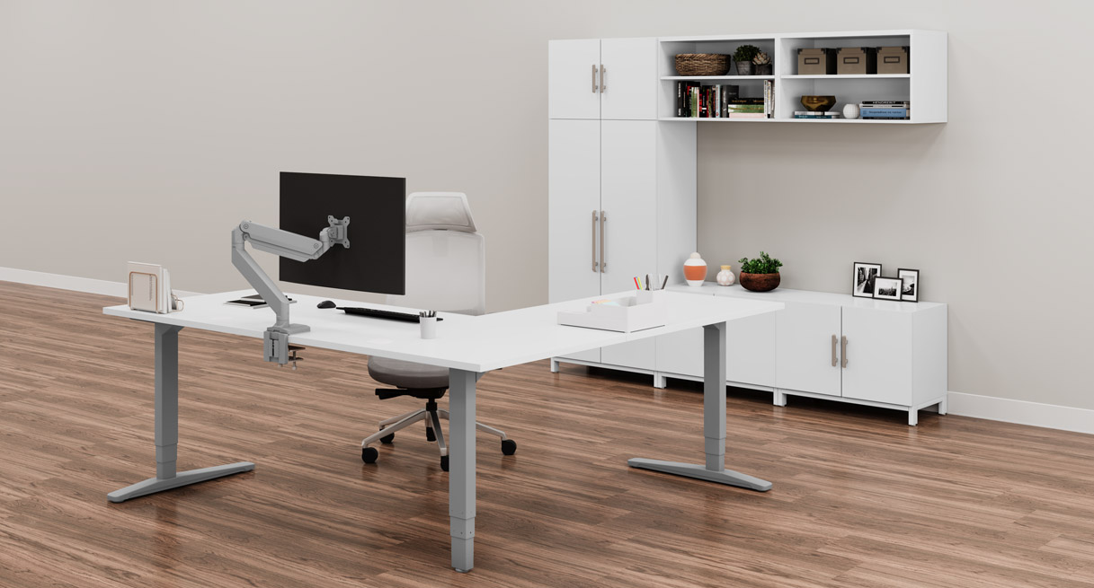 White MoPac Storage Wall with a matching white L-Shaped UPLIFT Standing Desk