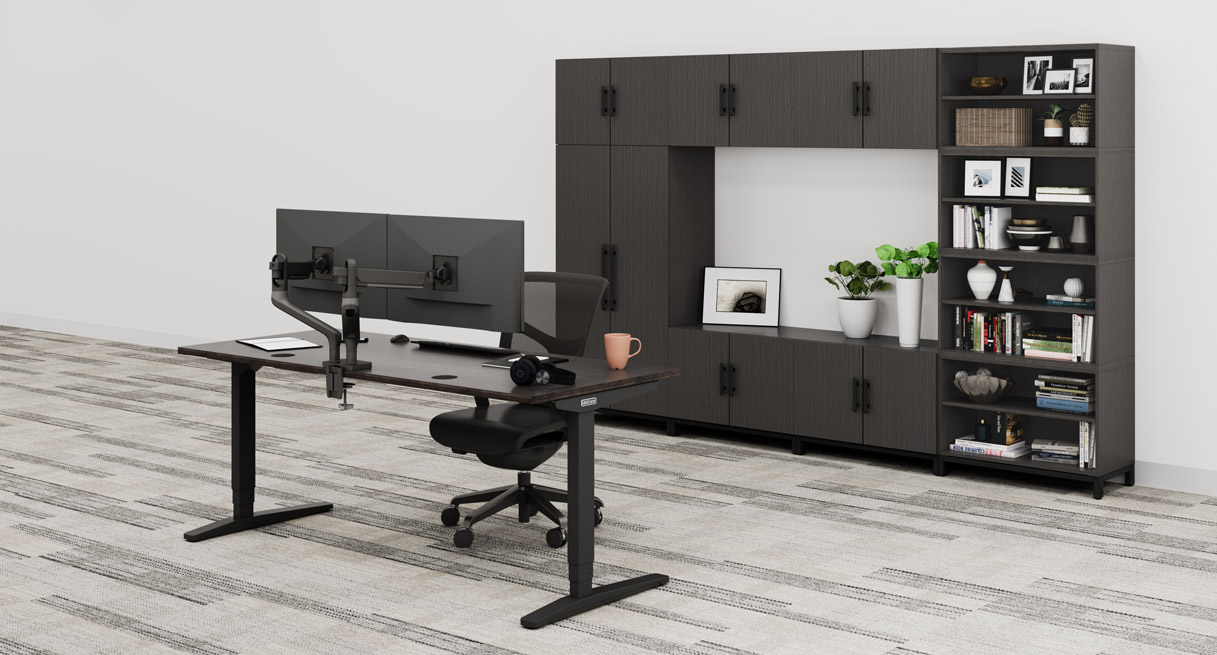 Black MoPac Storage Wall with Bookcase and Wardrobe with matching Black UPLIFT Standing Desk