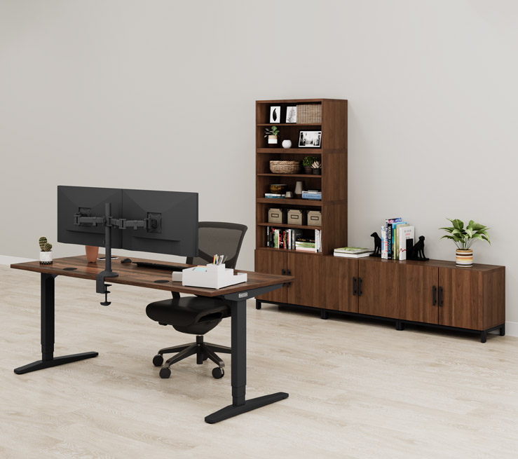 Walnut MoPac Credenza with Bookcase with sit/stand desk