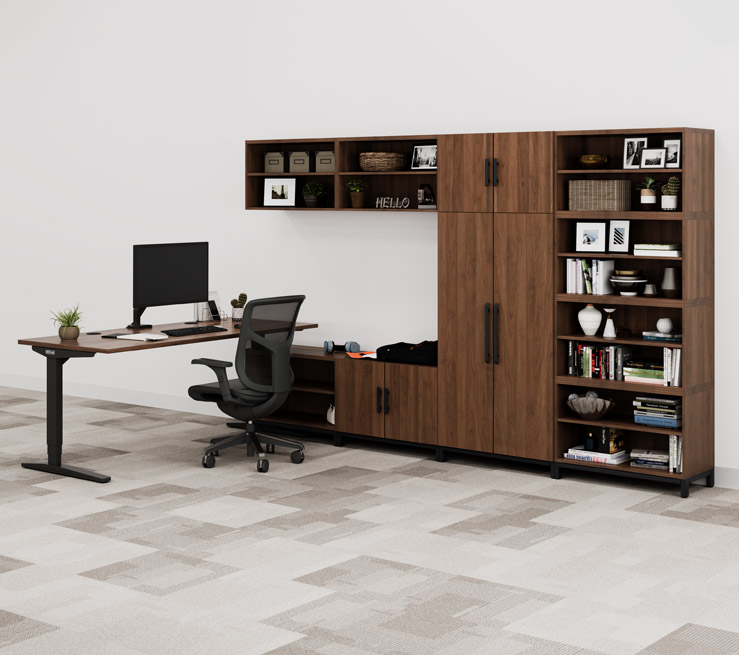 Walnut MoPac Storage Wall with Bookcase and ergonomic desk