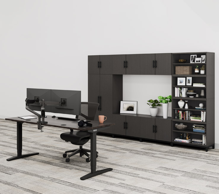 Black MoPac Storage Wall with Bookcase and Wardrobe with height adjustable Desk
