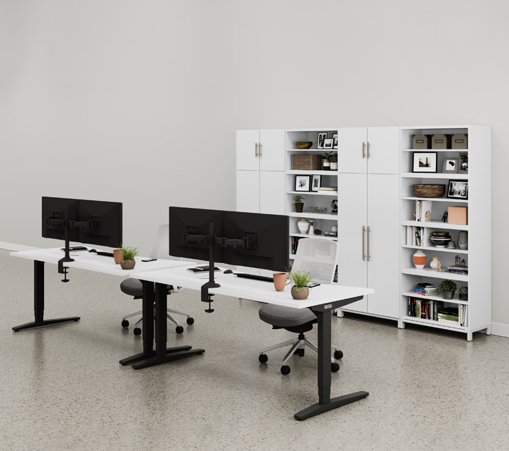 White MoPac Cabinets and Wardrobes and height adjustable desks