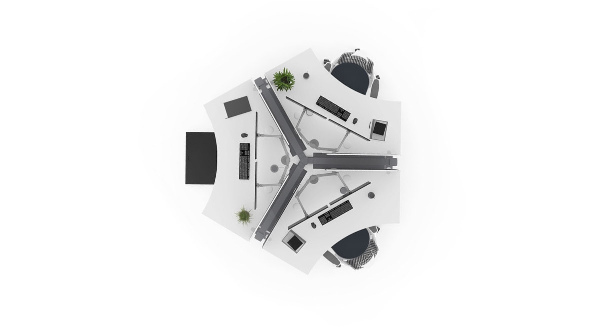 Looking down at three desks arranged in the 3-pack configuration