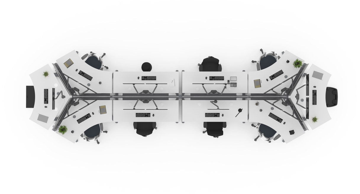 Looking down at ten desks arranged in the Dog Bone Shape configuration