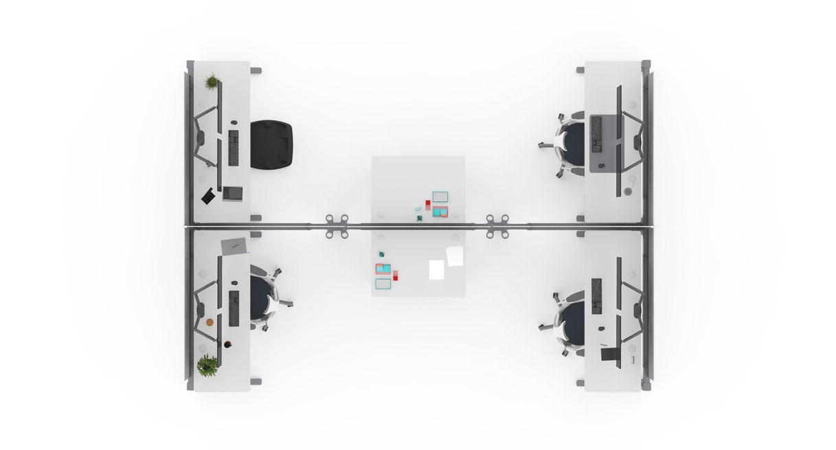 Looking down at four desks and two side tables arranged in the H-shape configuration
