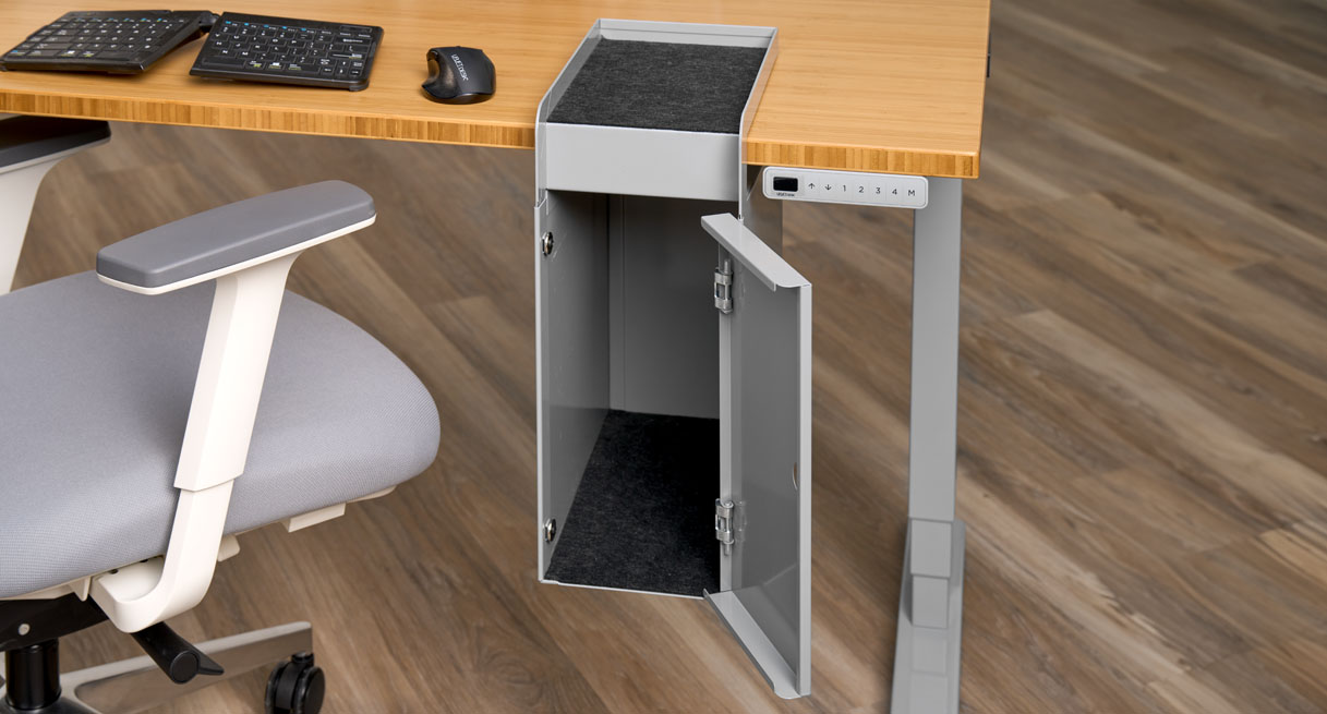 An empty storage cubby with an open matching door showing the amount of space inside