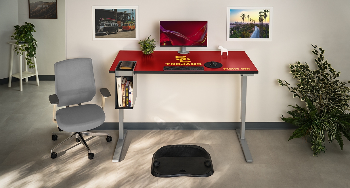 2-leg collegiate standing desk featuring USC Trojan branding