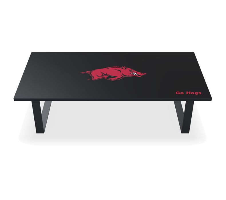 UPLIFT Collegiate Coffee Table featuring Arkansas branding and text that reads, Go Hogs.