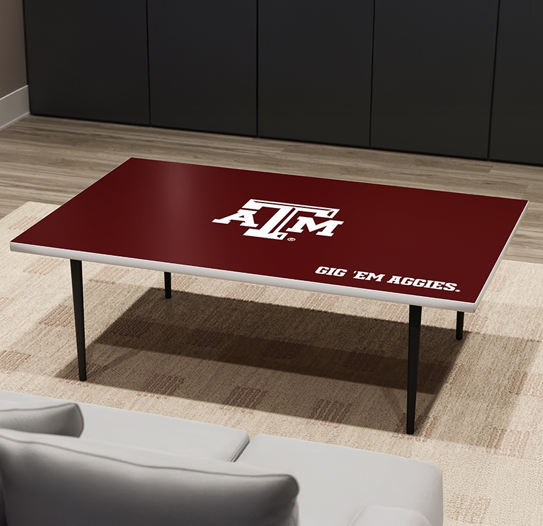 UPLIFT Collegiate Coffee Table featuring ATM University branding and text that reads, Gig 'Em Aggies