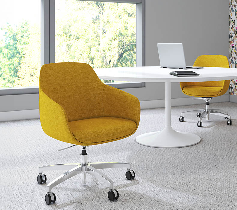 Yellow Lilly Side Chairs with wheeled bases and chrome accented casters in a modern workspace