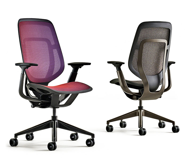 Two Steelcase Karman chairs shown in different colors and facing opposite directions to highlight Intermix mesh