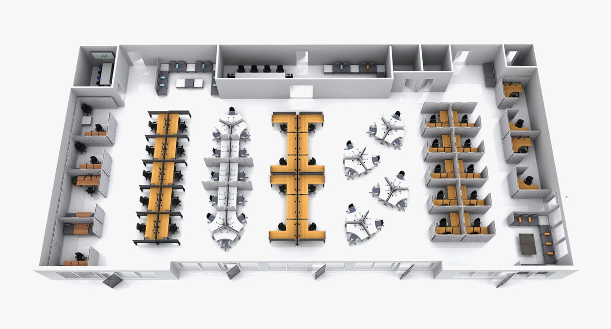 3D office layout with UPLIFT Desk configurations