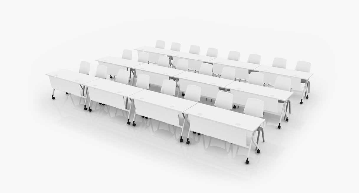 A training room layout with rows of tables and chairs
