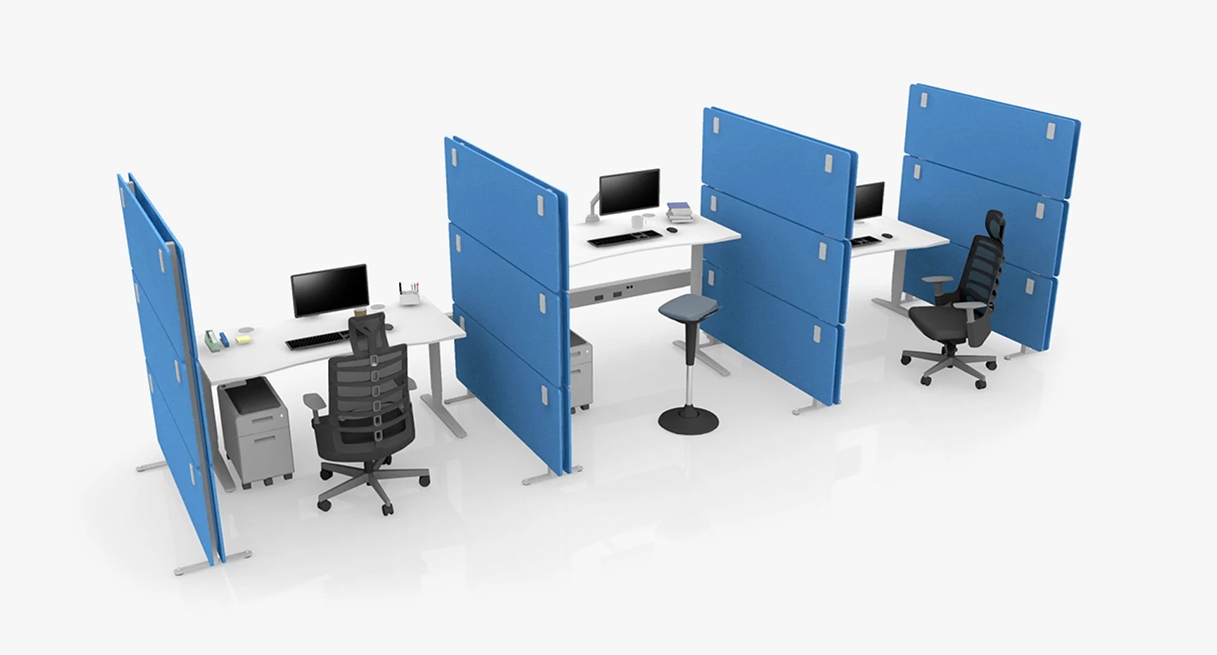 Three workstations enclosed by OneWall Office Partitions on each side