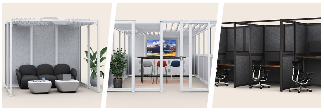 UPLIFT Desk’s Spaces Wall System showcasing three configurations: Cove (lounge), Room (meeting space), and Focus Space (workstations).