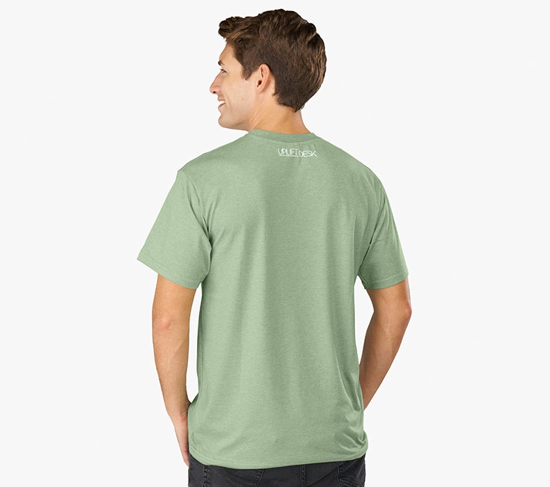 Back view of a person wearing a heather green Austin Short Sleeve T-Shirt