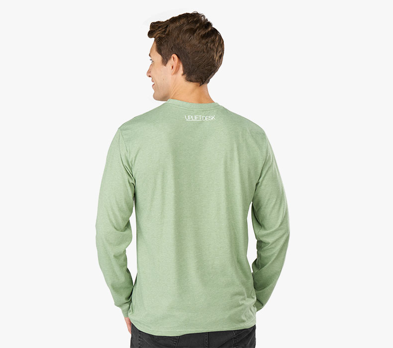 Back view of a person wearing a heather green Austin Long Sleeve T-Shirt