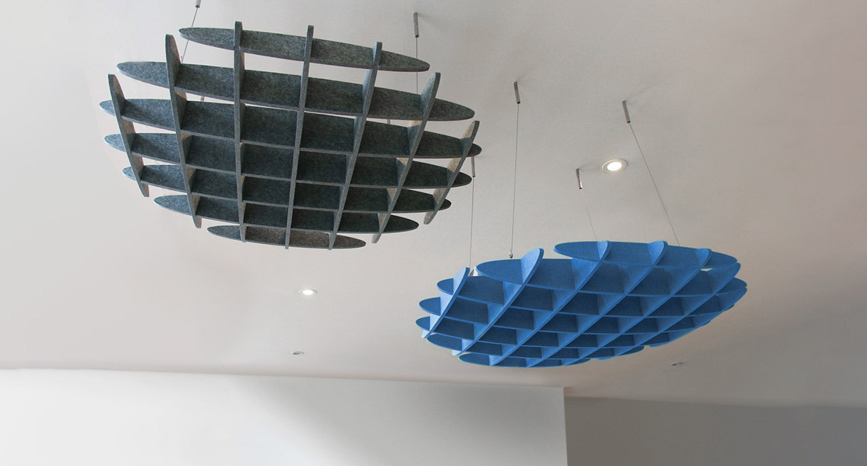 Dark Gray and Lagoon Blue waffle acoustic ceiling clouds