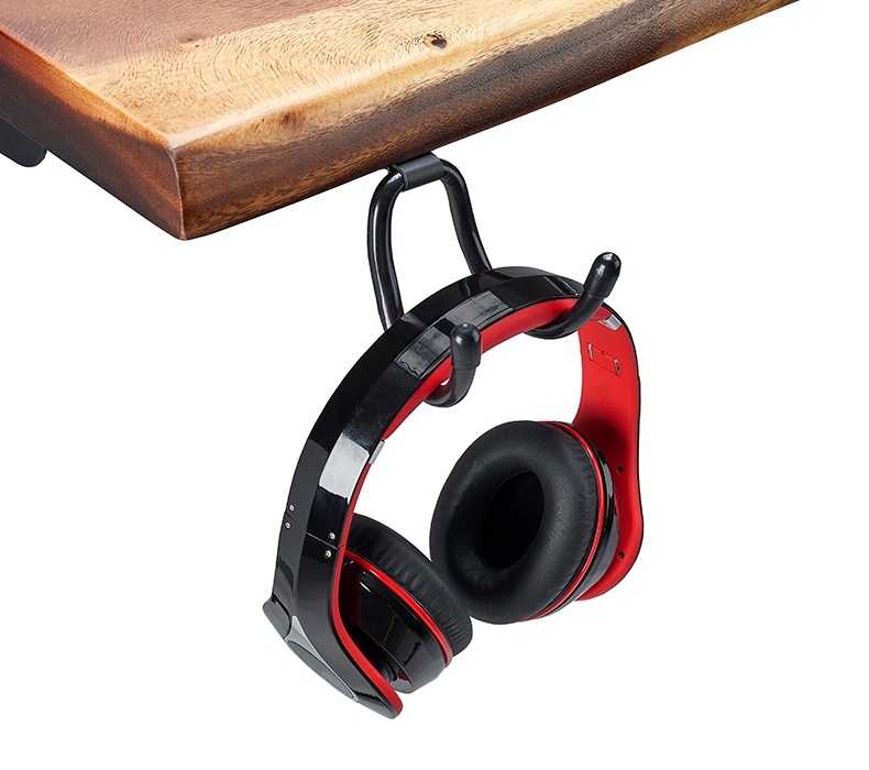 Headphones handing from a Flexible Desk Hook by UPLIFT Desk
