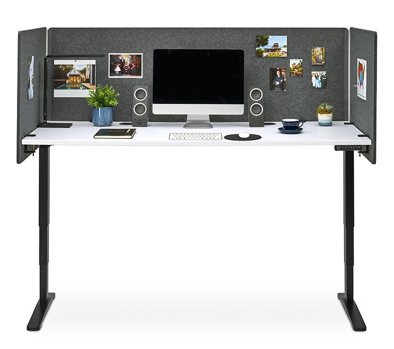 A 60" x 30" White Laminate Standing Desk with dark gray 3-Sided Tall Acoustic Privacy Screen