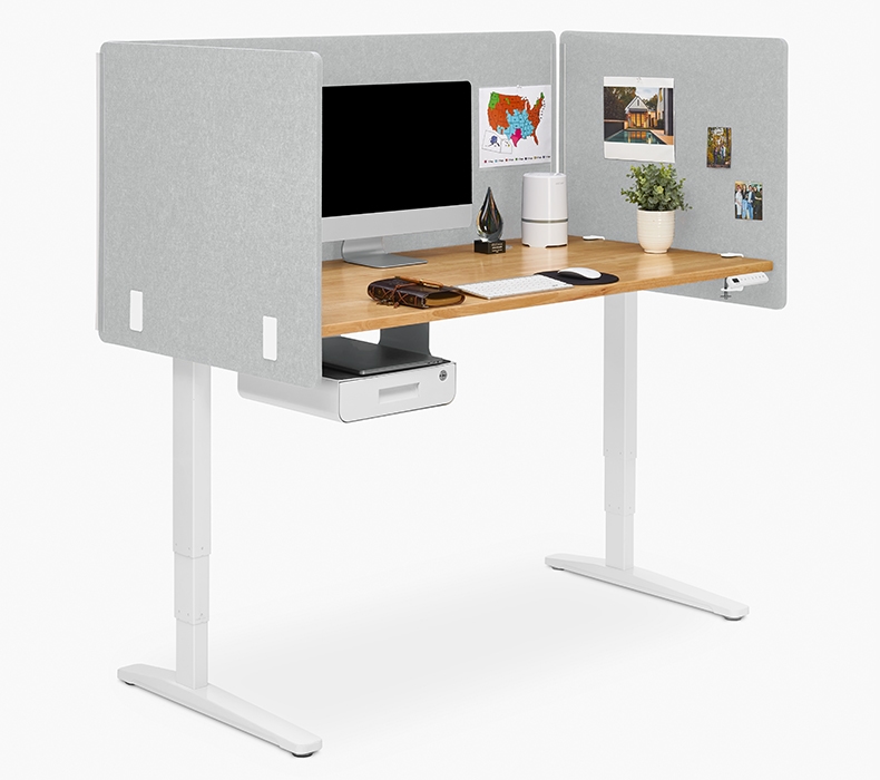 60" x 30" Rubberwood Solid Wood Standing Desk with light gray 3-Sided Tall Acoustic Privacy Screen