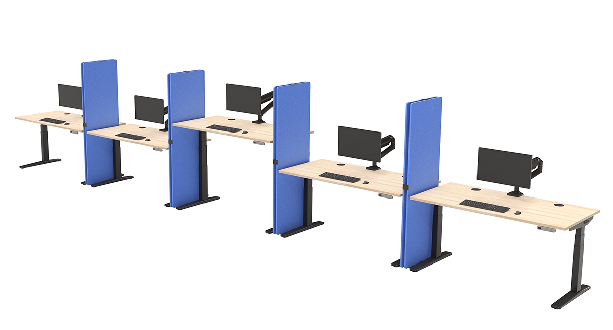 Five workstations divided by Lagoon Blue UPLIFT Desk Freestanding Acoustic Privacy Panels