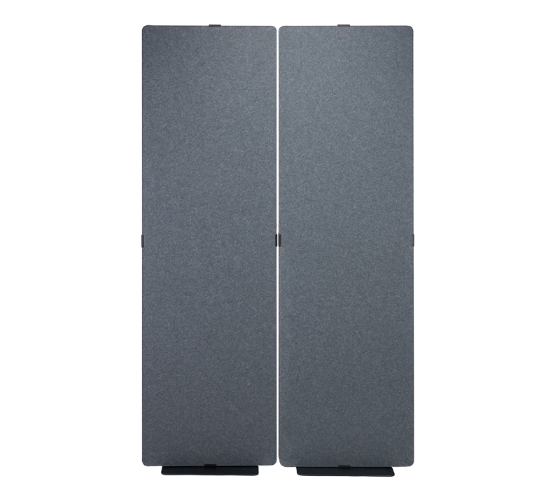 Two dark gray acoustic privacy panels with freestanding bases by UPLIFT Desk, displayed side-by-side