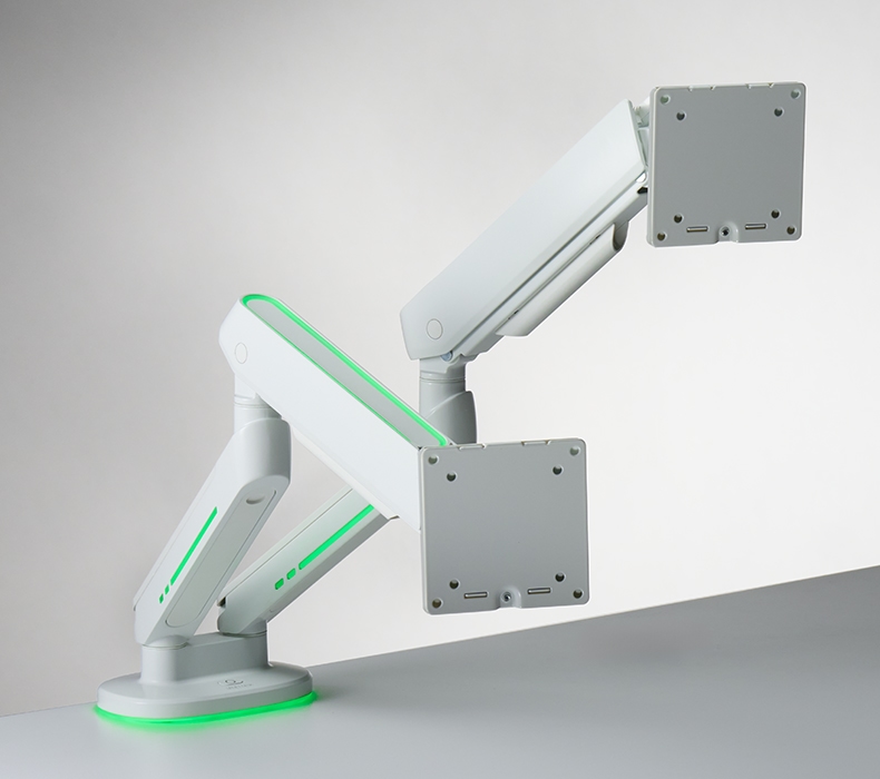 Domain RGB Dual Monitor Arm, set to solid green lighting