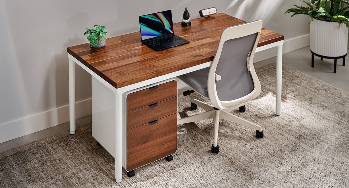 Parsons Standing Desk with white frame and walnut solid wood top
