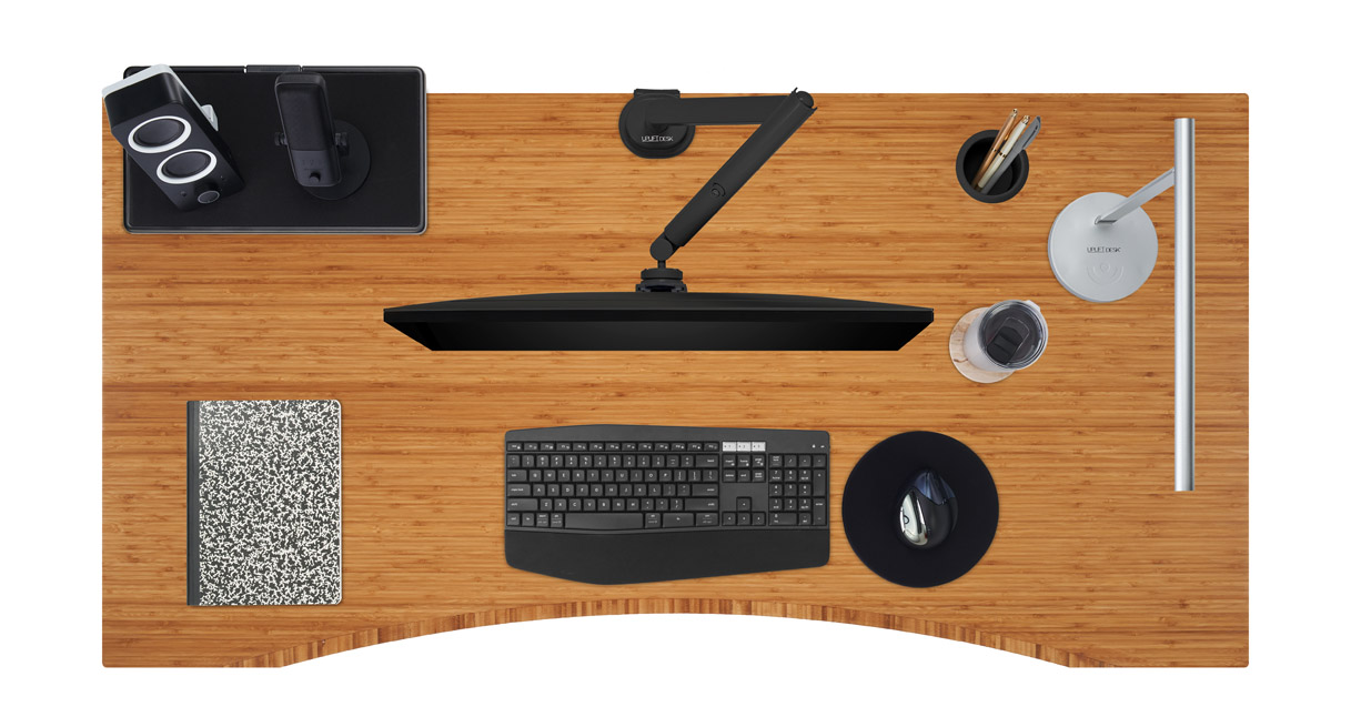 Ergo-edge bamboo desktop with desk accessories.