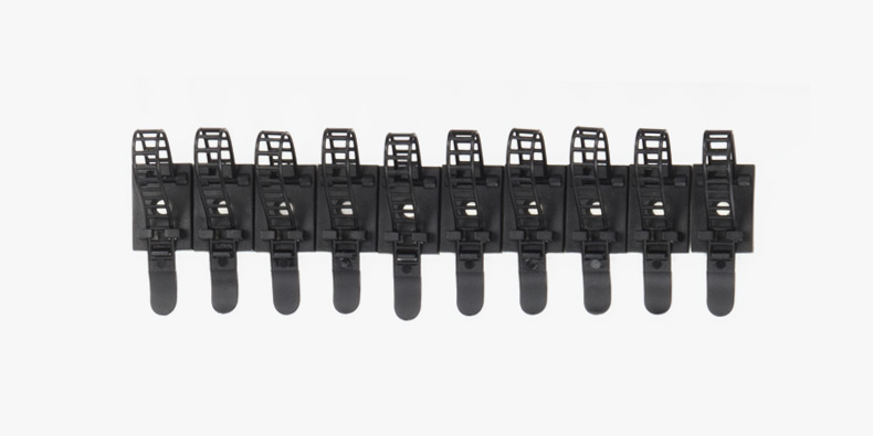 A 10 pack of UPLIFT Adhesive Readjustable Cable Tie Mounts ready to attach to a desk for better cable management.