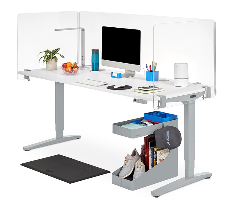 Angled view of a 60"x30" White Laminate Standing Desk with 3-Sided Clear Acrylic Screen