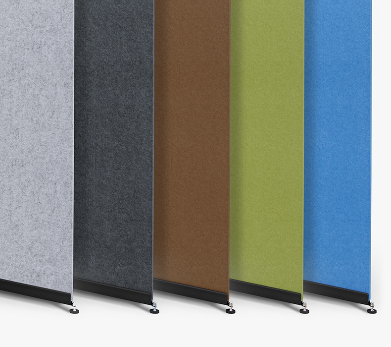 Acoustic panels shown in five colors: dark gray, light gray, lagoon blue, brown, and green