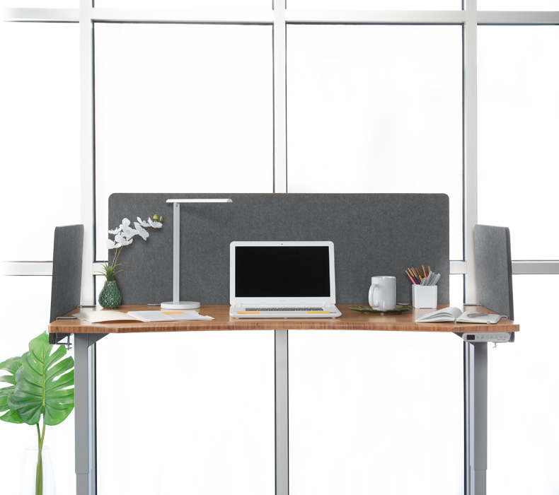 Desk-mounted acoustic panels in the same dark gray as the hanging panels
