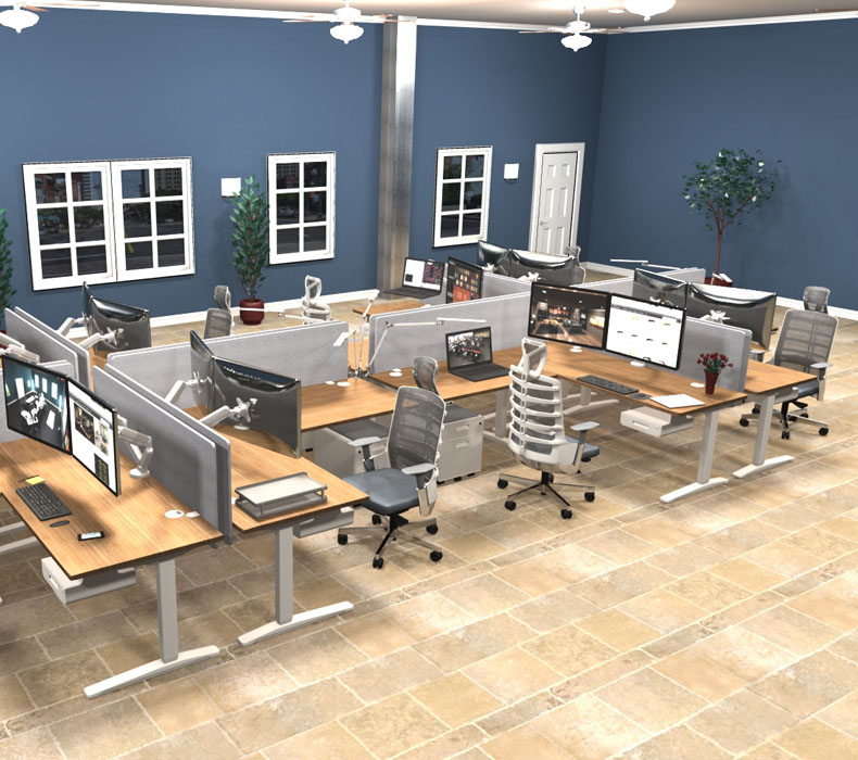 A mockup of an office space designed by UPLIFT Desk with standing desks, acoustic panels, ergonomic chairs, monitor arms, and more