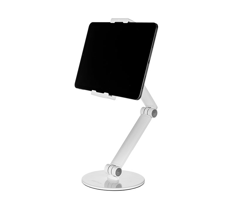 A white Adjustable Tablet Stand holding an iPad Air