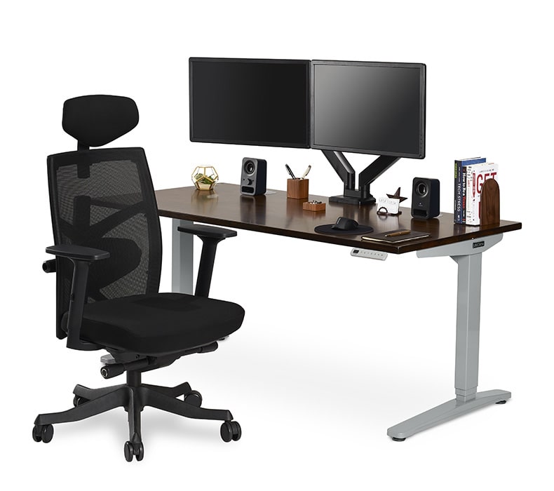 Crestview Dual Monitor Holder mounted to a height adjustable sit-stand desk