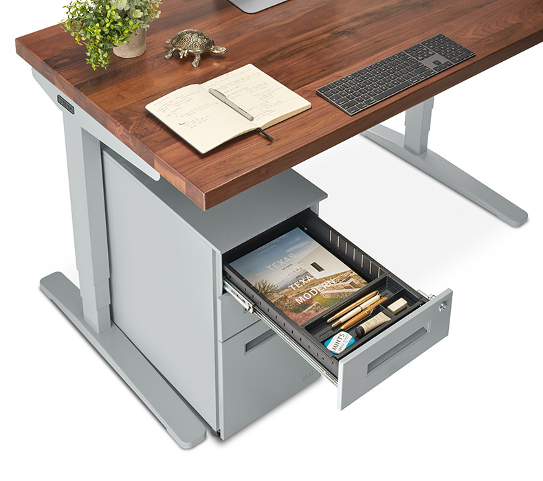 Removable pencil tray keeps the UPLIFT 3-Drawer Narrow Square File Cabinet organized
