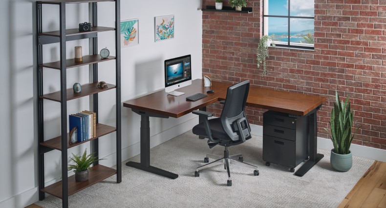 Walnut L-Shape and black frame with matching walnut and black accessories