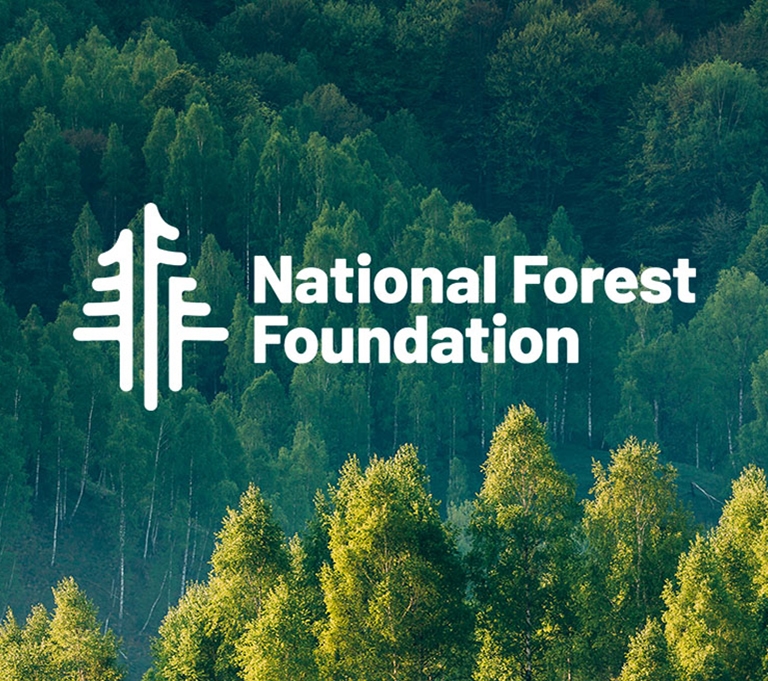 National Forest Foundation logo over forest and tree farm